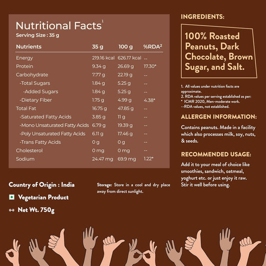 Nutrabay Foods Peanut Butter (Creamy) - Chocolate Intense, 750g | 100% Roasted Peanuts, 22g Protein, Zero Cholesterol, Vegan, Gluten Free, Non GMO