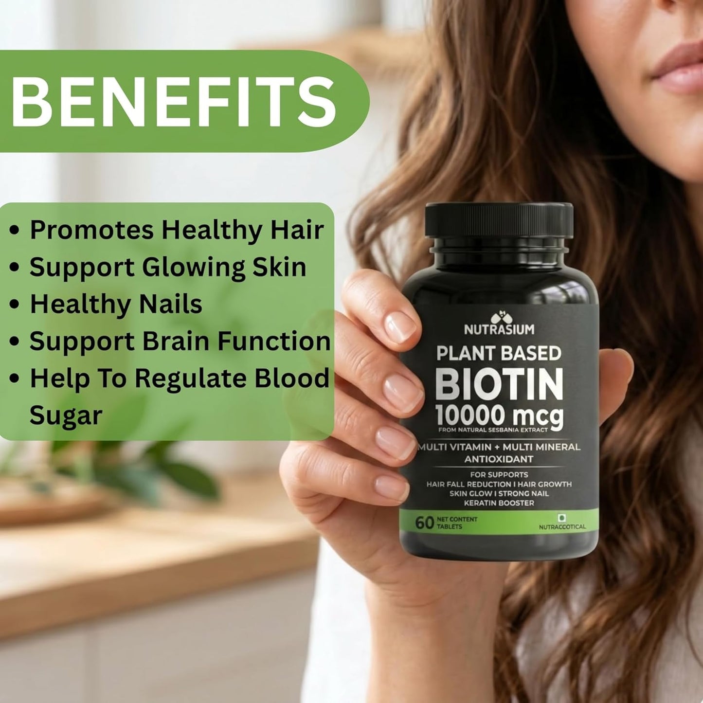 Nutrasium Biotin 10,000 mcg with multivitamin & Minerals | For supports Hair Growth | For Control Hair fall, Hair damge & Hair splitting | 120 tablets