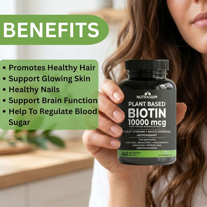 Nutrasium Biotin 10,000 mcg with multivitamin & Minerals | For supports Hair Growth | For Control Hair fall, Hair damge & Hair splitting | 120 tablets