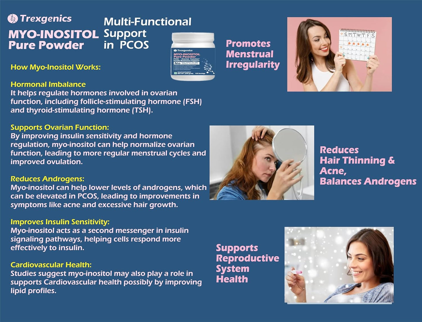 Trexgenics MYO-INOSITOL PURE POWDER, PCOS, Ovarian Function, Insulin Resistance, Hormonal Balance, Menstrual Cycle, Metabolism 125 servings (250 gram) (Pack of 1)