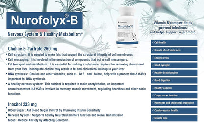 Trexgenics Nurofolyx-B Choline 250Mg,Inositol 333Mg & B-Comp B1 Benfotiamine,B2,B3,B6 Active P5P,B9 Active Folate,B12 Methylcobalamin Advanced Nervous System & Fatty Acid (60 Veg Capsules) (Pack Of 1)