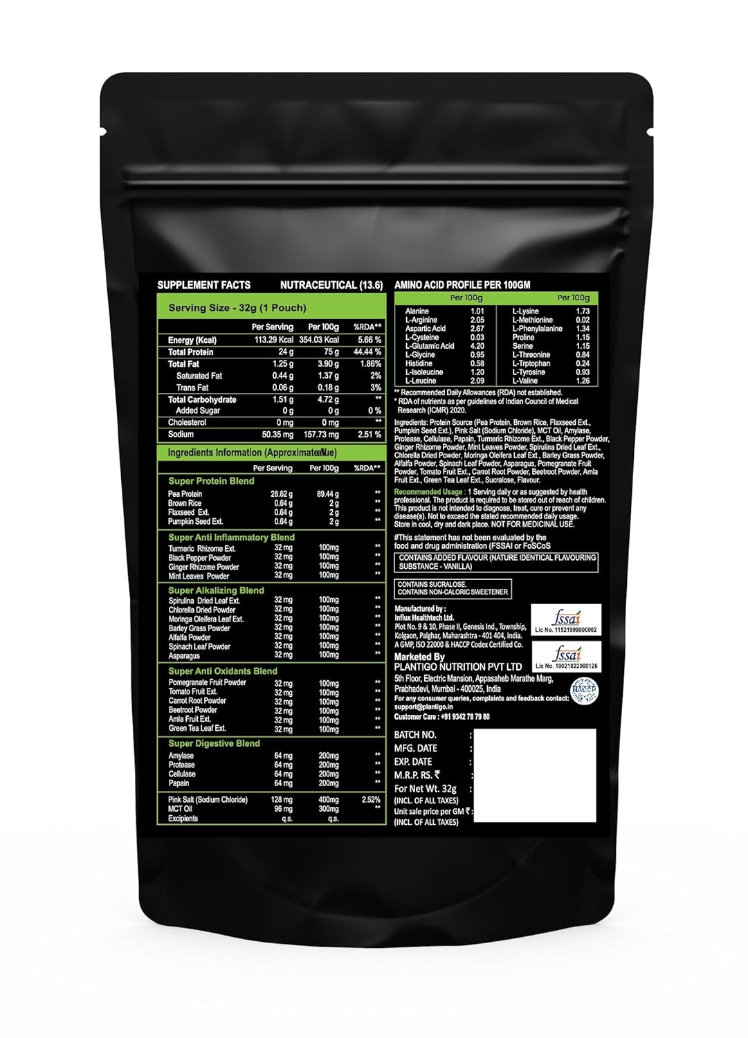 Plantigo Clean Plant Protein Powder | No Preservatives, No Banned Substances | Super Protein Blend - Pea, Brown Rice | Vegan Green Protein For Men, Women (Vanilla Flavor - 32g Travel Pouch | Sachet)