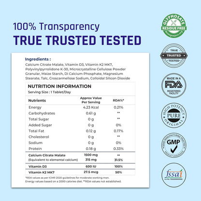 NATURALTEIN Calcium Citrate with Vitamin D3 & K2 MK-7 | High Absorption Bone & Joint Support | Helps Calcium Utilization, Muscle Strength & Immunity | Vegan, Non-GMO | 30 Tablets
