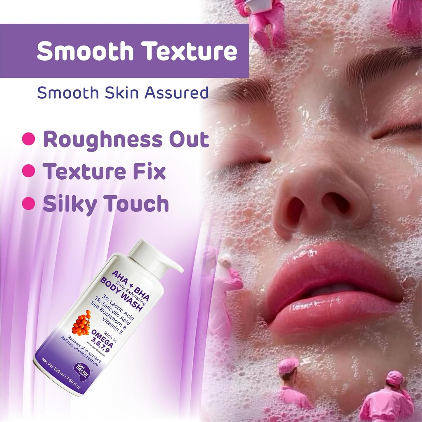 Get Nectar Happiness Korean Glow Essence AHA-BHA Body Wash | 4% Actives (3% Lactic Acid + 1% Salicylic Acid) | Omega 3,6,7,9 | Exfoliating Body Wash for Tan, Body Acne & Smooth Glowing Skin | Sulfate & Paraben Free | For Men & Women | 225ml