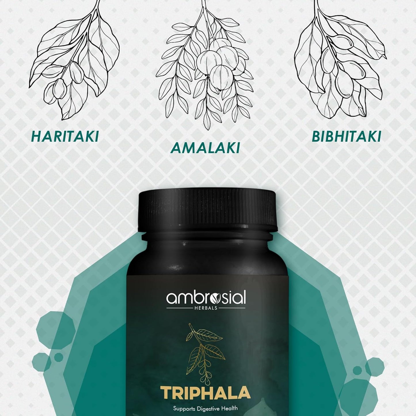 Ambrosial Triphala| Tablets Blend of 3 Natural herbs in Triphala Powder Premium Herbal Digestive Enzymes Relief from Constipation Digestion Support Colon Cleanser & Gas Relief (Pack of 1-60 Capsules)