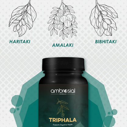 Ambrosial Triphala| Tablets Blend of 3 Natural herbs in Triphala Powder Premium Herbal Digestive Enzymes Relief from Constipation Digestion Support Colon Cleanser & Gas Relief (Pack of 1-60 Capsules)