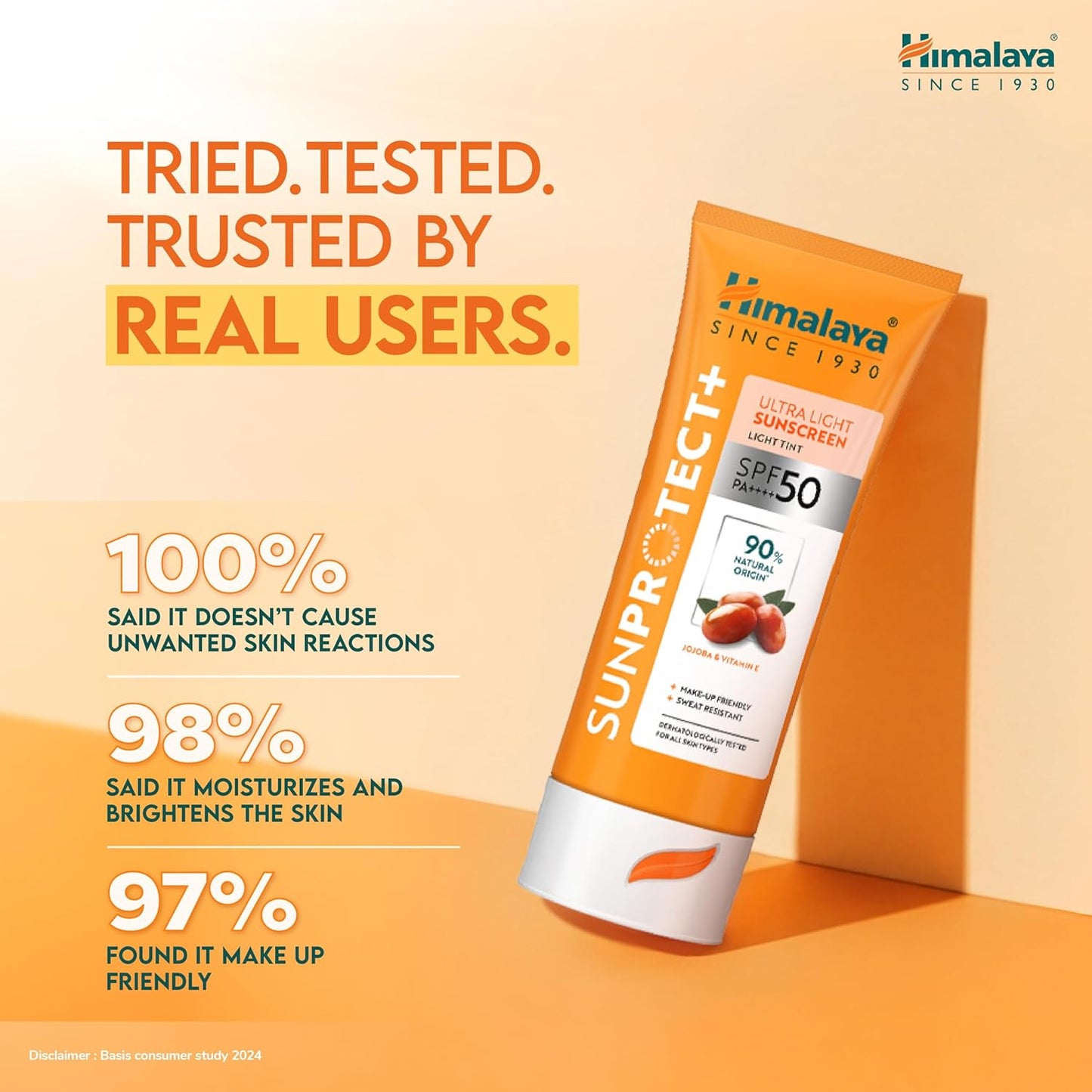 Himalaya Sun Protect+ Ultra Light Sunscreen | Light tint Cream| 90% Natural Origin Ingredients | In vivo tested SPF 50 PA++++ | Dermatologically tested for all skin types | No white cast | Make up friendly | Sweat Resistant | 50g