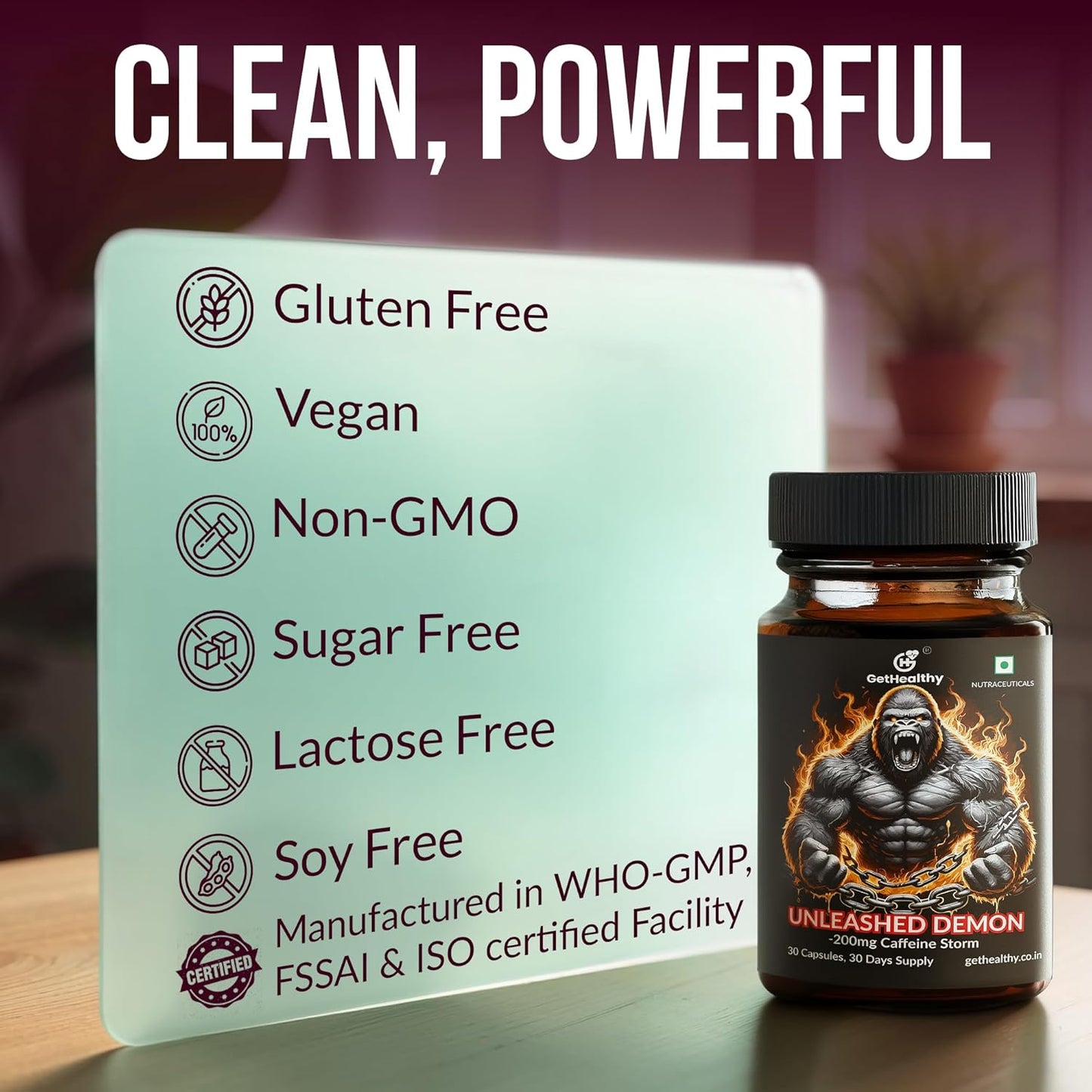 GetHealthyÂ® Unleashed Demonâ„¢ Pre-Workout Capsules | 200mg Caffeine Energy Pills | Pre Workout Supplement for Energy & Focus | Gym Workout Support for Men & Women | 30 Capsules