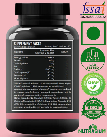 Nutrasium Co Enzyme Q-10 250 mg With Resveratrol | CoQ-10 Supplemets | For Heart & Vascular Health, Cellular Energy Boost, Potent AntiOxidant | 60 Veg Tablets (60 Veg Tablets, Co-Q10)