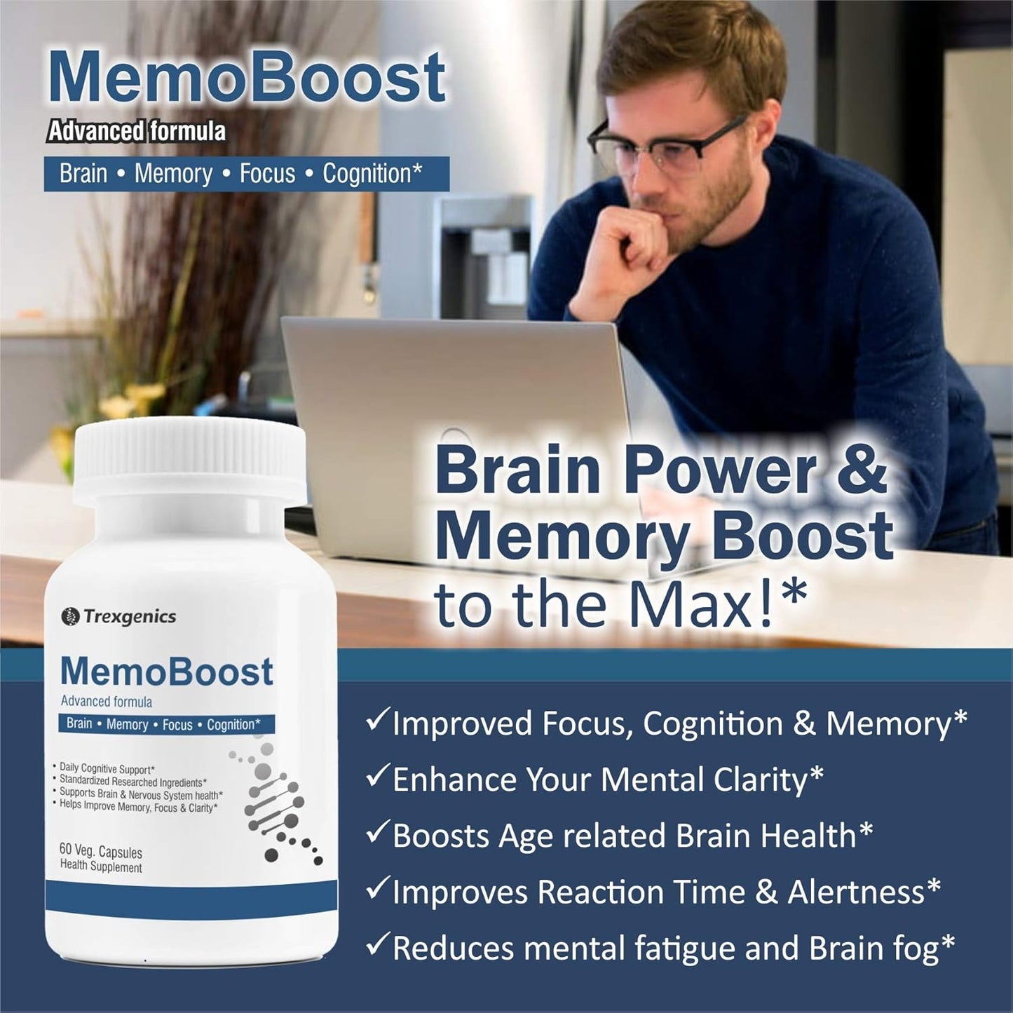 Trexgenics Nootropic Memoboost Max High Strength Advanced Natural Herbs & Vitamin Complex 60 Veg. Capsules(1)