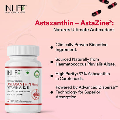 INLIFE Astaxanthin 4 mg Supplement AstaZine | Natural Antioxidant Supplement with Vitamin A, D3 & E â€“ High Absorption Formula â€“ 30 Liquid Filled Vegetarian Capsules