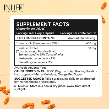 INLIFE Curcumin Capsules with Turmeric Oil | 71% Turmerones & 95% Curcuminoids | Supercritical COâ‚‚ Extracted Oil Supplement | Immune Support & Joint Health â€“ 60 Liquid Filled Vegetarian Capsules
