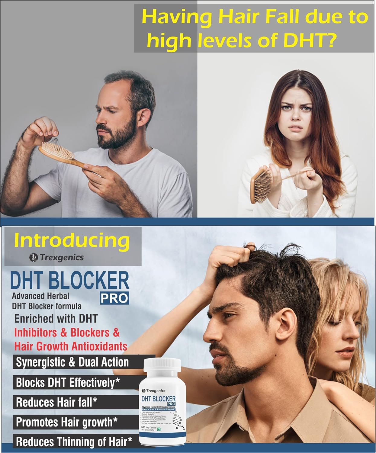 Trexgenics DHT BLOCKER PRO formula with standardized herbs Hair Fall, Prostate Health Support VEGAN & NON-GMO (60 Veg. Capsules) (Pack of 1)