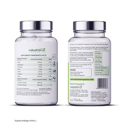 Health Veda Organics L Carnitine L-Tartrate, 1000mg | Pre-Workout Supplements | Supports Muscle Recovery & Endurance | For Both Men & Women I 60 Veg Capsules