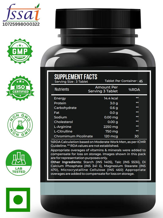 Nutrasium Nitric Oxide Supplement For Man | 2250 mg L-Arginine, 750 mg L-Citrulline with Chromium Picolinate For Supports Nitric Oxide Level, Improve Muscle Pump & Blood Flow, Boost Endurance, Stamina & Performance | 45 veg Tablets.