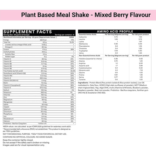 INLIFE Plant Based Meal Replacement Shake | Plant Protein Powder (17.5 Protein) No added Sugar, Lactose Free | Added Probiotics, 500g (Mixed Berry)