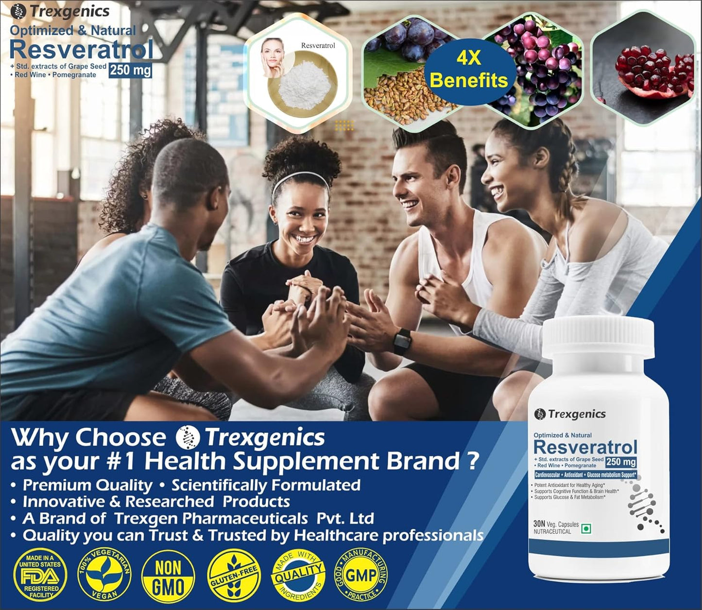 Trexgenics Natural RESVERATROL 250 mg + Grape Seed OPC, Pomegranate Ellagic acid, Red Wine Cardiovascular Health, Antioxidant & Glucose Metabolism VEGAN & NON-GMO (30 Veg. Capsules) (Pack of 1)