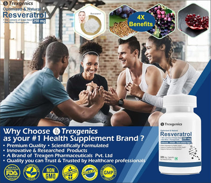 Trexgenics Natural RESVERATROL 250 mg + Grape Seed OPC, Pomegranate Ellagic acid, Red Wine Cardiovascular Health, Antioxidant & Glucose Metabolism VEGAN & NON-GMO (30 Veg. Capsules) (Pack of 1)