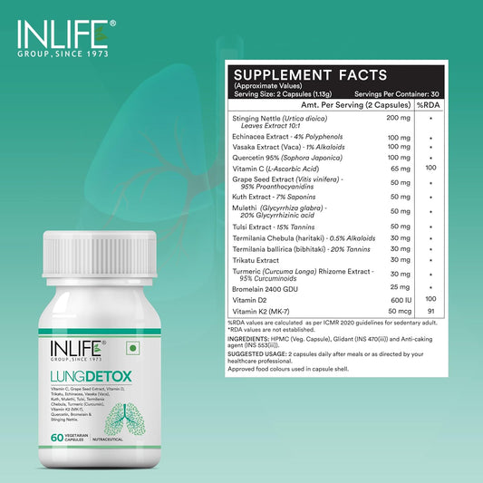 INLIFE Lung Detox Supplement | Stinging Nettle, Echinacea, Quercetin, Mulethi, Curcumin, Bromelain | Supports Healthy Lungs - 60 Vegetarian Capsules (Pack of 1, 60)