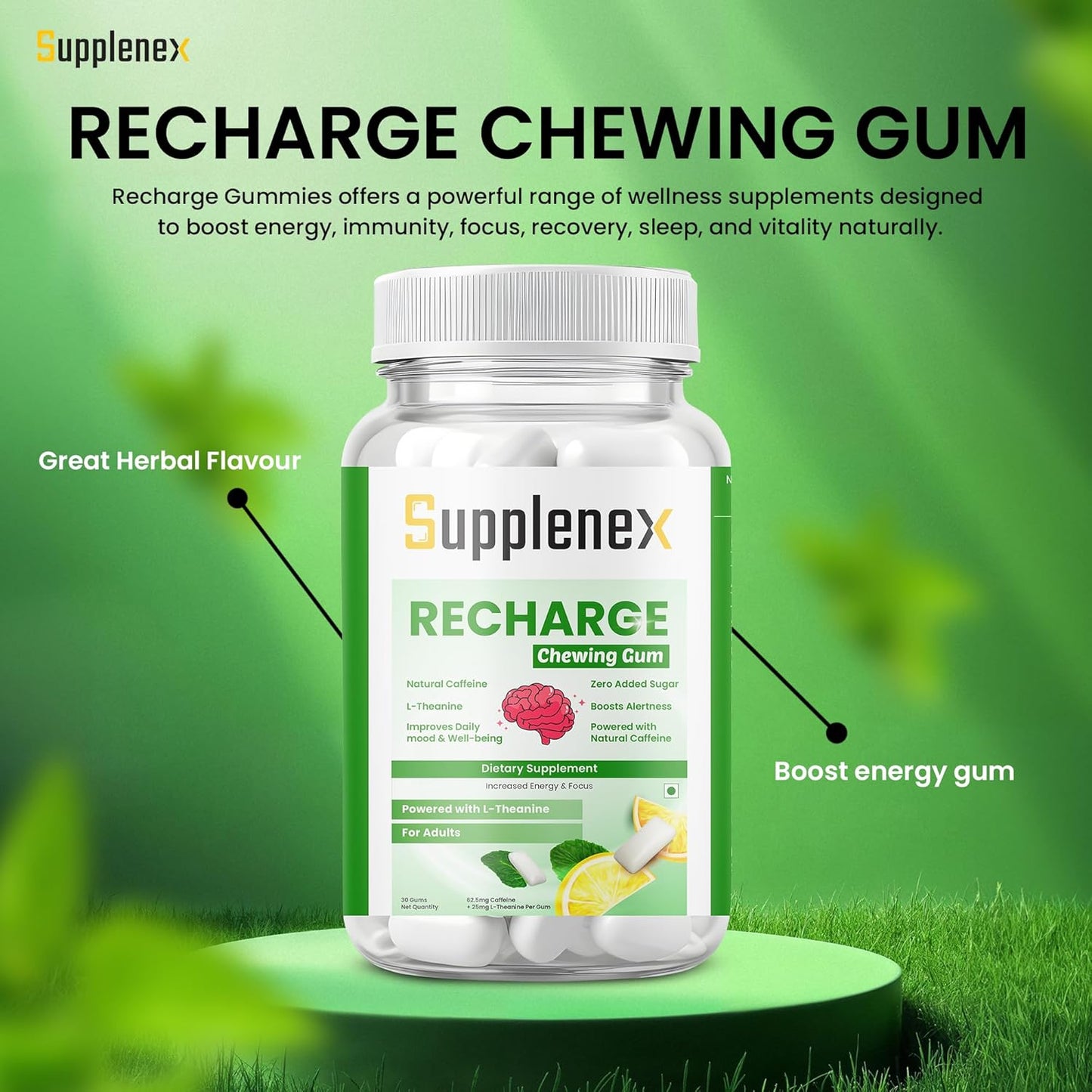 NeuroGum & BrainFocus | Caffeine Energy Chewing Gum Sugar Free | 30 Gums with Caffeine & L-theanine for Energy, Memory + Focus Boost, Refreshing Mint Unisex