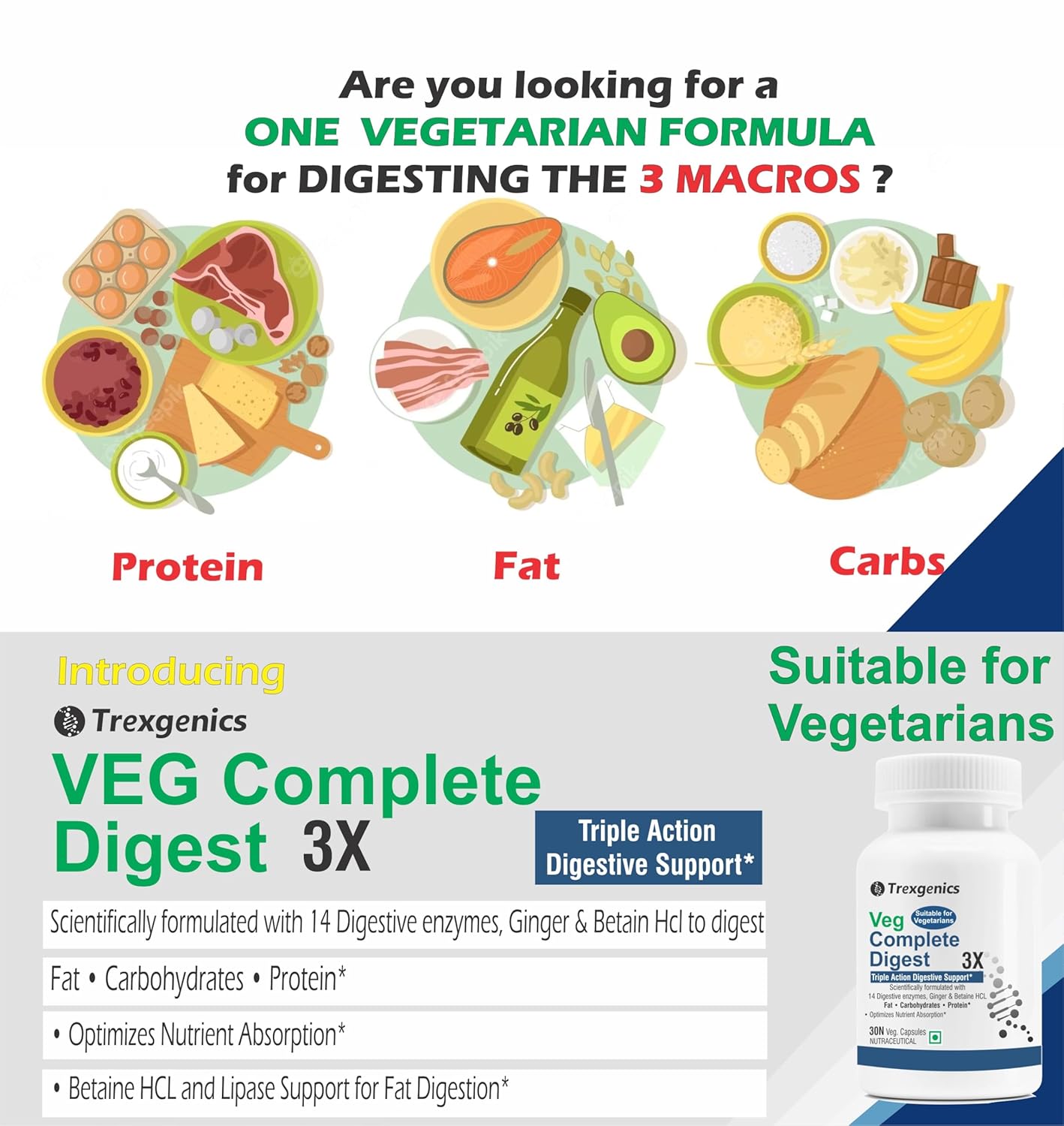 Trexgenics VEG COMPLETE DIGEST 3X, 100% Vegetarian Triple Action Digestive Support for Fat, Carbohydrates & Protein with 14 Enzymes, Ginger and Betaine HCL (30 Veg. Capsules) (Pack of 1)