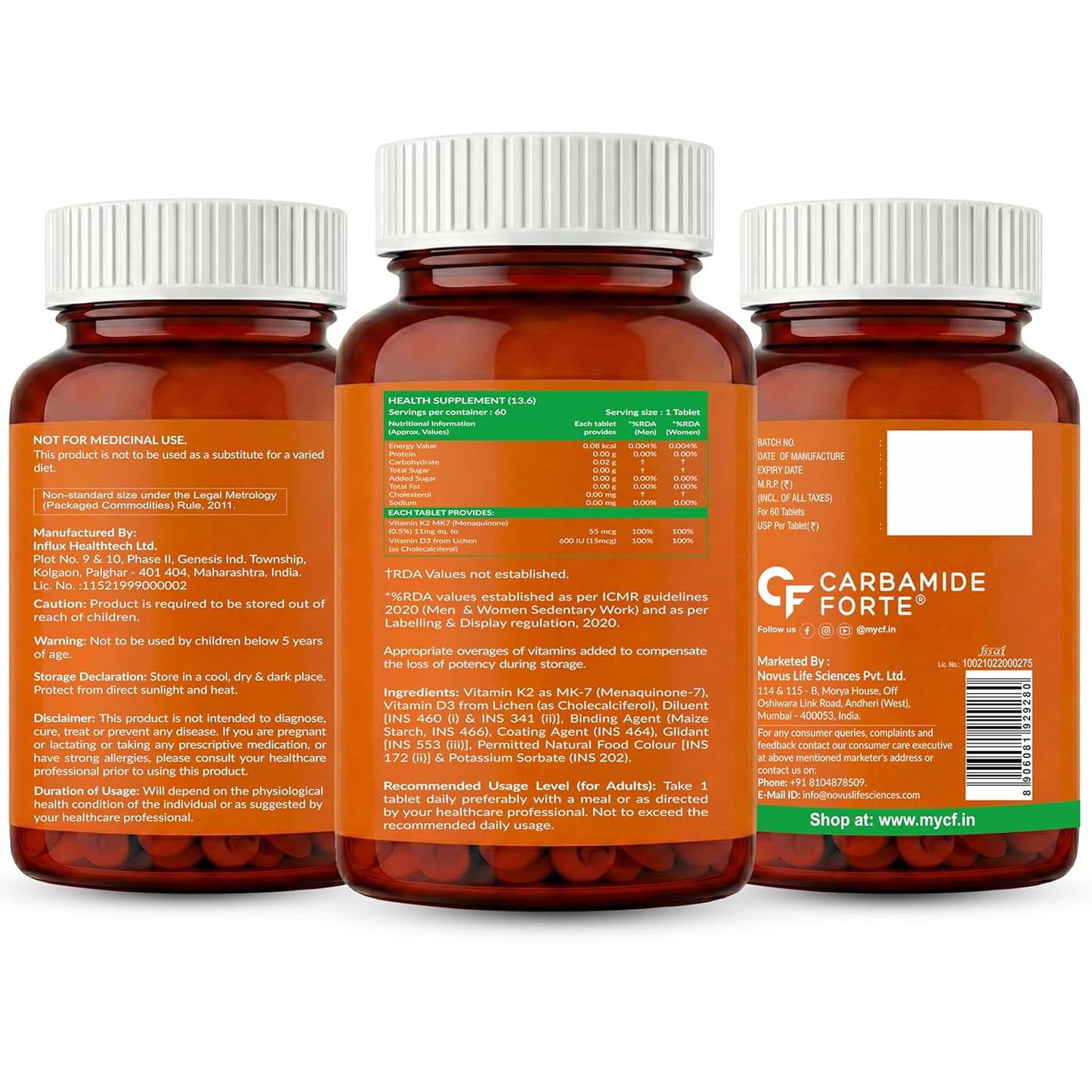Carbamide Forte Vitamin D3 K2 Supplement | Vitamin K2 MK7 To Support Bone & Heart Health | Veg D3 - Lichen - 60 Tablets