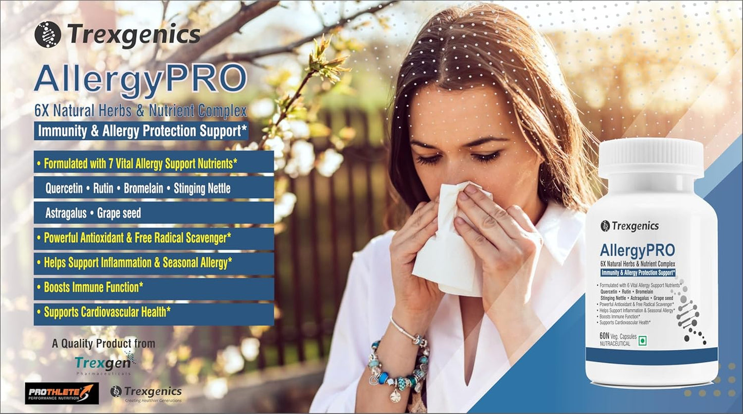 Trexgenics ALLERGYPRO 6X Natural Allergy Support with Quercetin, Rutin, Bromelain, Astragalus extract Grape seed extract 95% OPC, Stining nettle extract (60 Veg. Capsules) (Pack of 1)