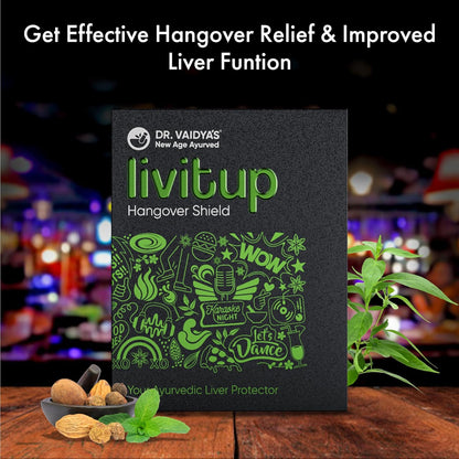Click to see full view Dr. Vaidya's Livitup | Hangover Shield & Liver Protector | Helps Prevent Acidity, Nausea & Headache | Kalmegh Ghan & Arogyavardhini Rasa | (6 Capsules)