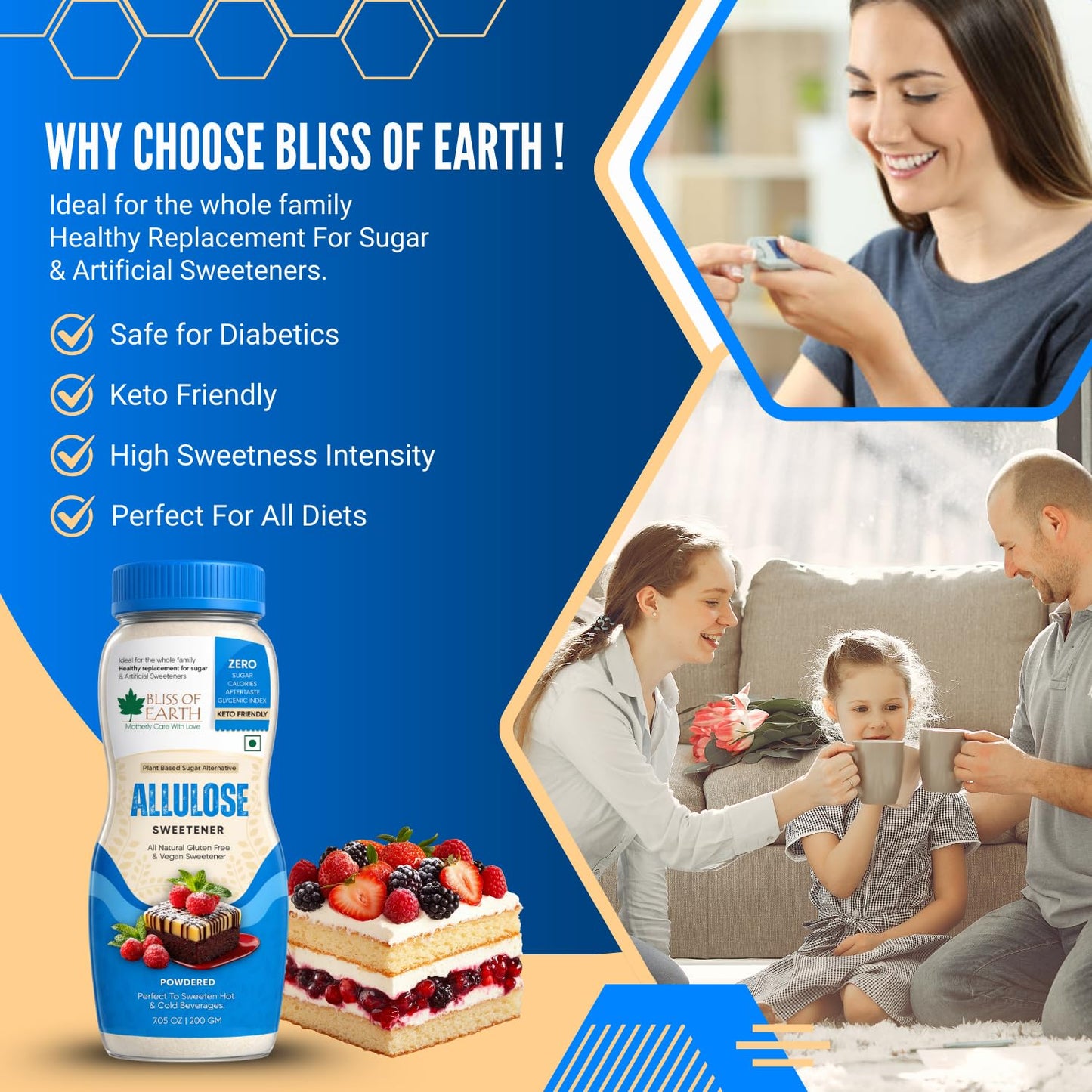 Bliss of Earth Allulose Sweetener 200gm Zero Calorie Keto Sweetener | Natural Sugar Substitute | Zero Glycemic Allulose Powder | Non-GMO, Vegan | Ideal for Baking & Beverages