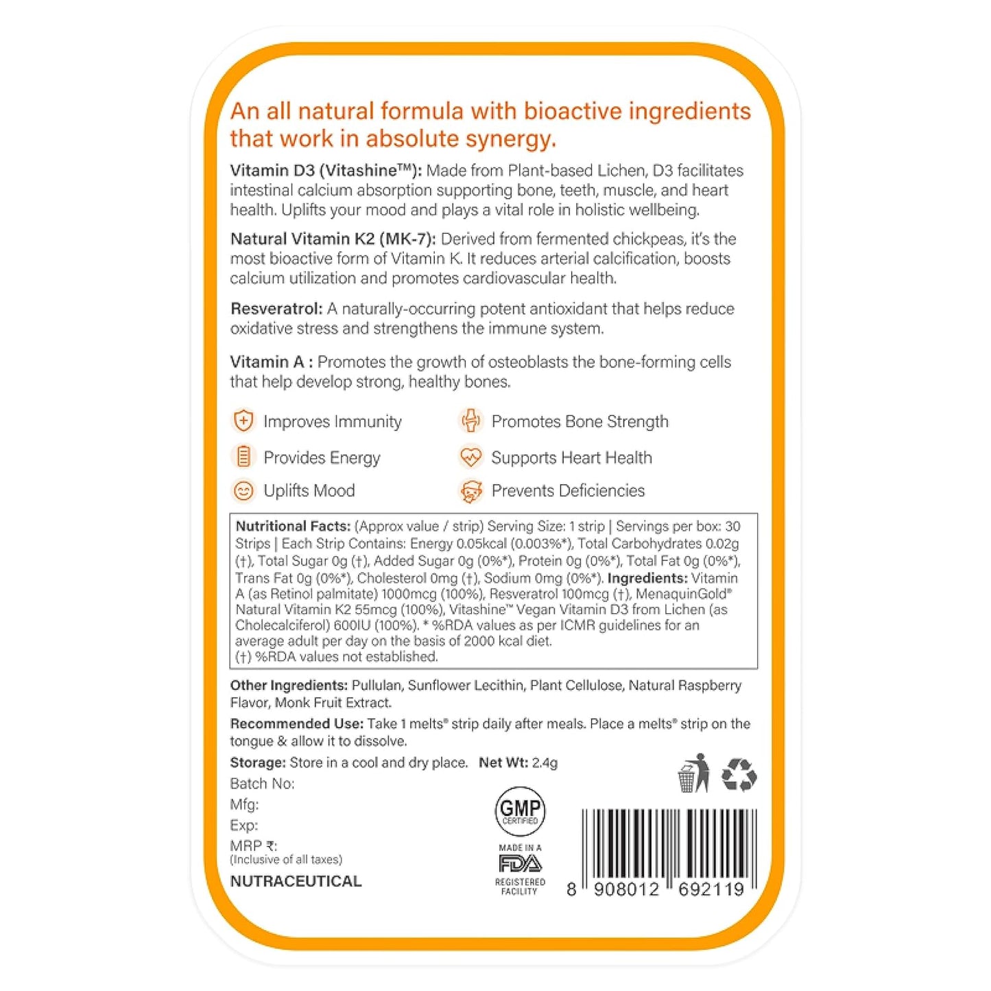 Wellbeing Nutrition Melts Natural Vitamin D3 + K2 Supplement for Immunity, Heart, Muscle, Bone, Cellular Protection | Vitashine, Resveterol & MenaquinGold | 30 Oral Strips