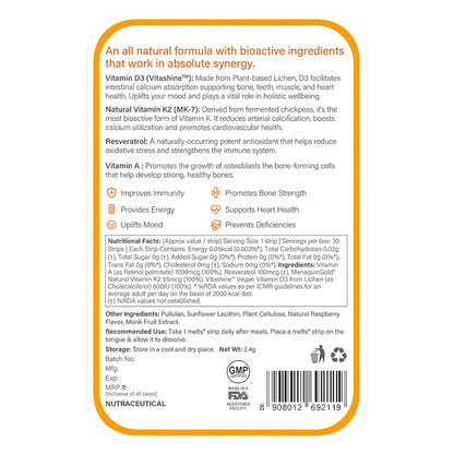Wellbeing Nutrition Melts Natural Vitamin D3 + K2 Supplement for Immunity, Heart, Muscle, Bone, Cellular Protection | Vitashine, Resveterol & MenaquinGold | 30 Oral Strips