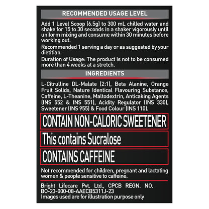 MuscleBlaze Pre Workout 200 Xtreme (Tangy Orange, 15 Servings, 100g) | 200mg Caffeine, 200mg Theanine, 2000mg Beta Alanine, 3000mg Citrulline