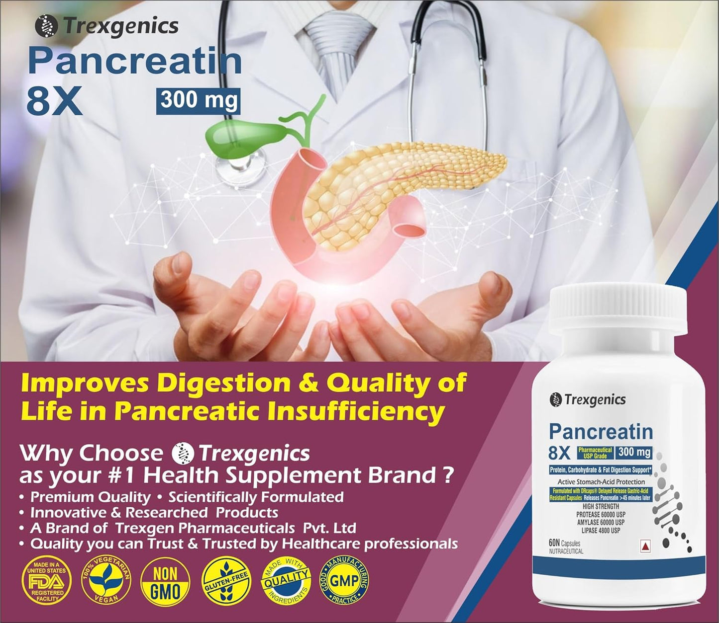 Trexgenics PANCREATIN 300 mg 8X Pharmaceutical Grade Stomach Acid Protected Protease 60000 USP, Amylase 60000 USP, 4800 USP Lipase Digestive Health Support (60 DRcaps)