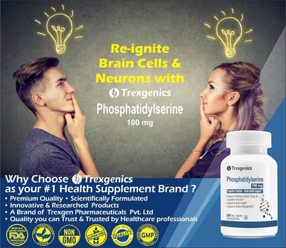 Trexgenics PHOSPHATIDYLSERINE 100 mg from Phospholipid Complex 143 mg, Cognitive Function, Brain Health Support (30 Veg Capsules)