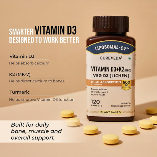 Cureveda Liposomal Vitamin D3 600 IU + Vitamin K2-7 & Turmeric | High Absorption Bone & Heart Support | Promotes Muscle Health & Immunity | 120 Tablets (120 Day Pack)