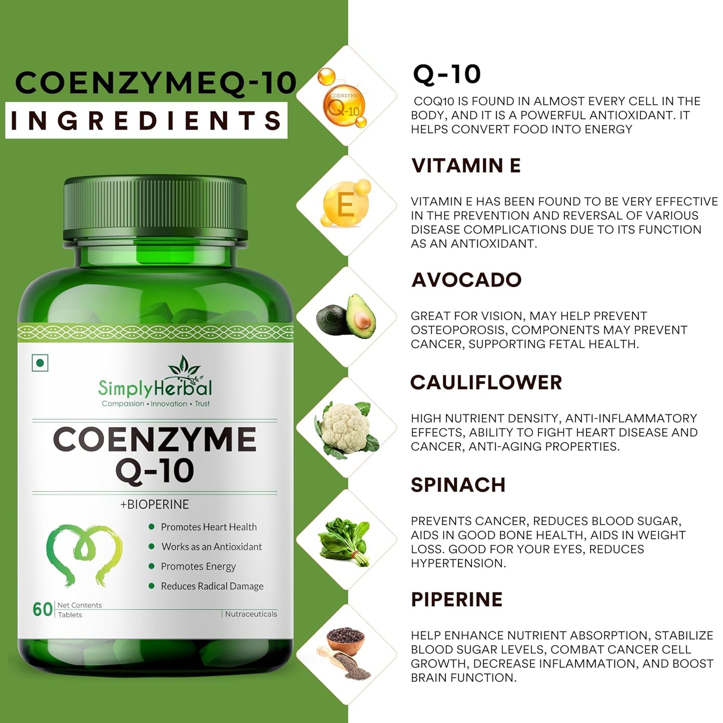 Simply Herbal CoQ10 Natural Coenzyme Q10 Tablets 200mg with Bioperine Antioxidant Supplements, Provide Superior Absorption, Supplement for Heart Health and Energy Metabolism - 60 Tablets