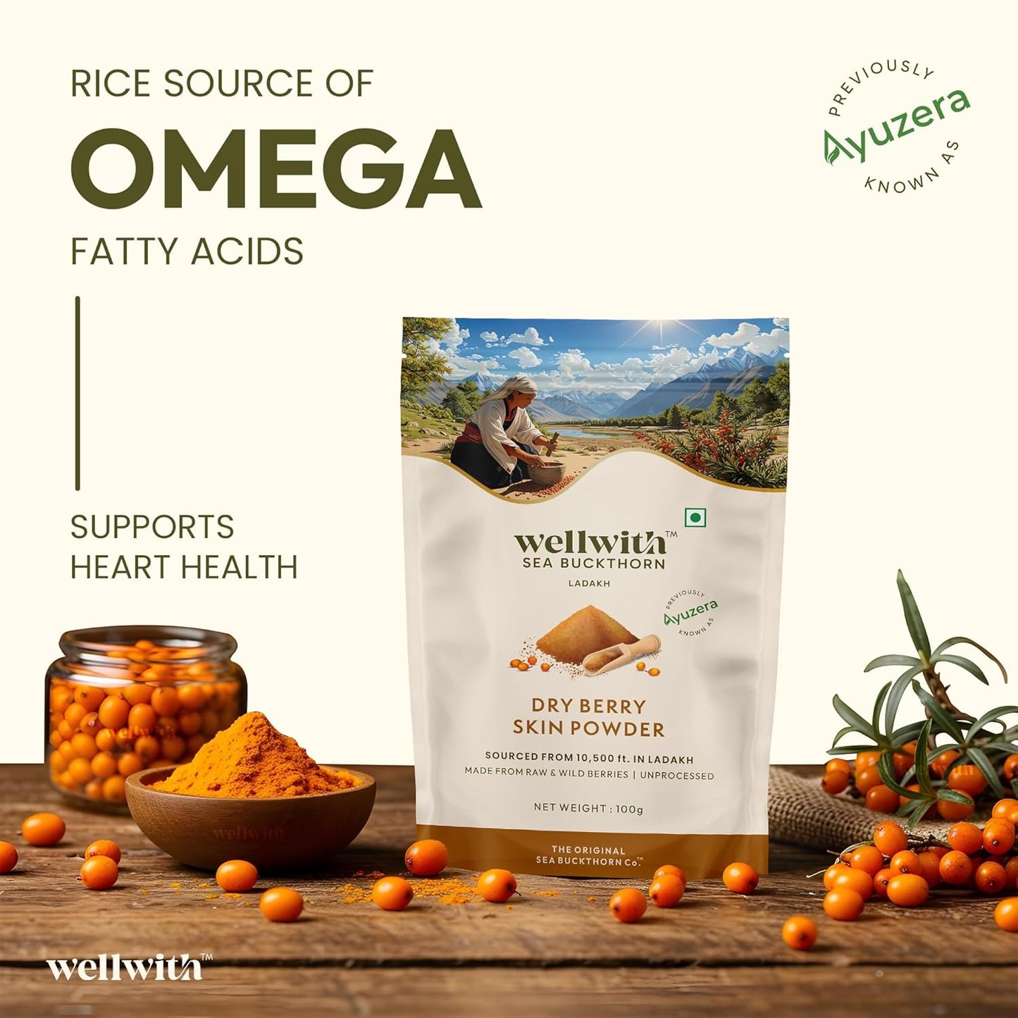 Wellwith Himalayan Sea Buckthorn Dry Berry Kkin Powder, 100g | Rich in Omega 3, 6, 7, 9 | Collagen, Fiber, Omegas, Vitamin C, Vitamin E | Dry Sea Buckthorn Berry Powder (100, Grams)