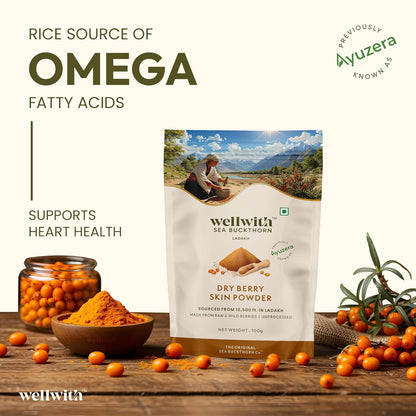 Wellwith by Ayuzera Sea buckthorn Berry Skin Powder 100g | Rich in Vitamin C | No oil | Edible | Fiber, Omegas | Dry Seabuckthorn Himalayan Berry Powder | Pack of 1