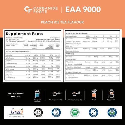 Carbamide Forte Eaa Supplement with Bcaa 5000Mg | Eaa intra workout Supplement for Men & Women with Hydration Blend & Vitamins â€“ Peach Iced Tea Flavour - 50 Servings - Powder 300G