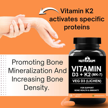 Nutrasium Vitamin D3 K2 Supplement | With Added B12 and DHA | Vitamin K2 MK7 To Support Strong Bone, Heart Health & Immunity | Veg D3 - Lichen - 120 Tablets