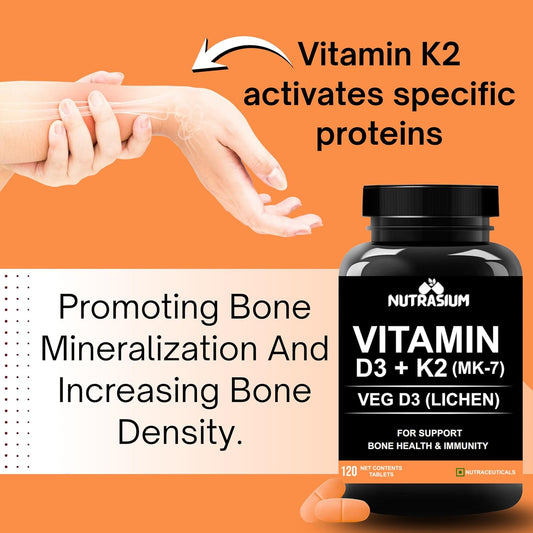 Nutrasium Vitamin D3 K2 Supplement | With Added B12 and DHA | Vitamin K2 MK7 To Support Strong Bone, Heart Health & Immunity | Veg D3 - Lichen - 120 Tablets