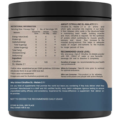 OSOAA Pure Citrulline Malate 2:1 Supplement Powder - 250g, Unflavoured | Boosts Nitric Oxide, Pre Workout Amino Acid for Muscle Strength & Endurance