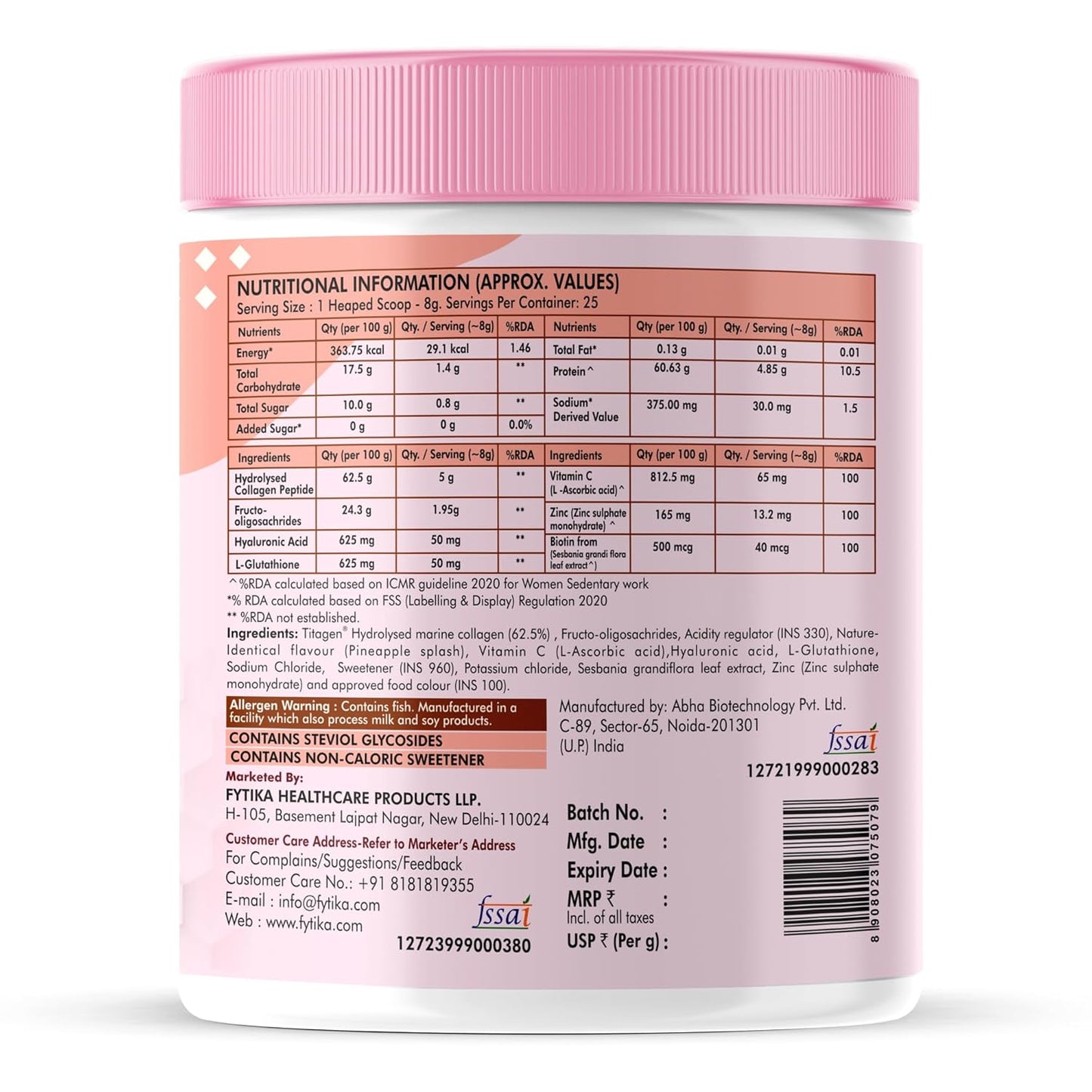 Fytika Let It Glow - 200g (Pineapple, Pack of 1) Marine Collagen Supplement Powder for Men & Women|L- Glutathione, Vitamin C, Sesbania Agati Extract|Promotes Healthy Skin, Hairs and Nails