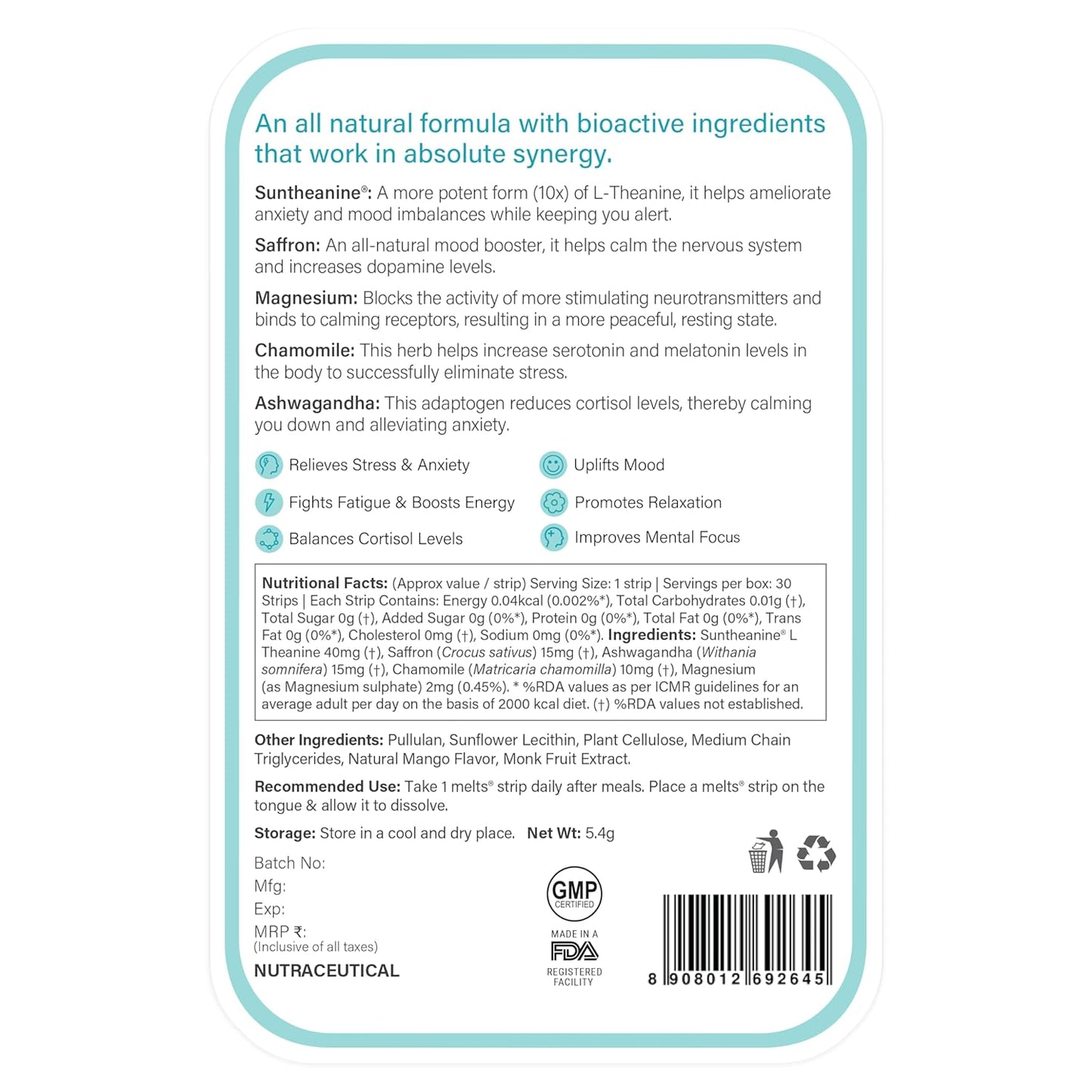 Wellbeing Nutrition Melts Calm & Relaxation | Suntheanine L-theanine, Magnesium & Chamomile - Natural Stress & Anxiety Relief to Uplift Mood and Reduce Cortisol (30 Oral Strips)