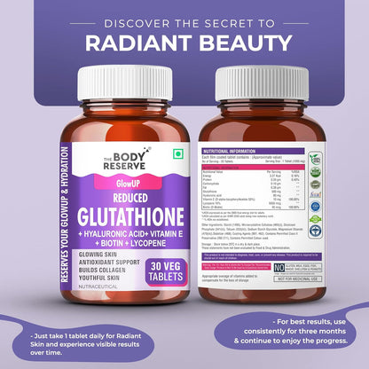 The Body Reserve Japanese L-Glutathione Tablets for Skin Whitening | 500mg Glutathione Supplements with Hyaluronic Acid, Vitamin E, Lycopene & Biotin | Skin Glow & Collagen Support | Sugar-Free, 30 Tablets