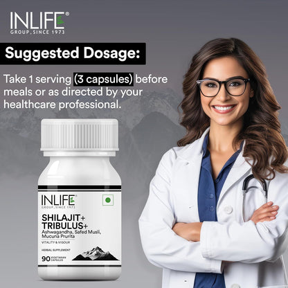 INLIFE Shilajit with Safed Musli | Ashwagandha, Tribulus (Gokshura) Capsules For Men and Women | Strength and Stamina | Ayurvedic Wellness Supplement - 90 Vegetarian Capsules