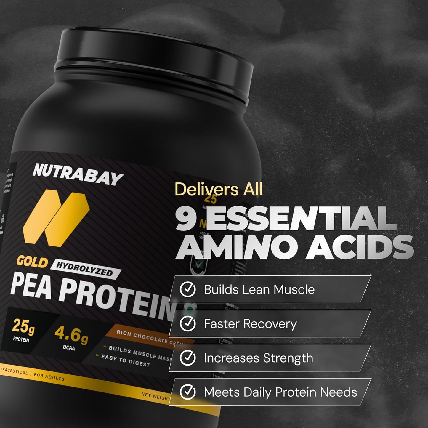 NUTRABAY Gold 100% Pea Protein Powder - 1kg, Rich Chocolate CrÃ¨me | 25g Protein, 4.6g BCAA, 5g Fiber | Complete Amino Profile | Tastiest & Smoothest Vegan, Plant Protein | Muscle Gain & Fast Recovery
