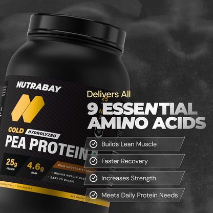 NUTRABAY Gold 100% Pea Protein Powder - 1kg, Rich Chocolate CrÃ¨me | 25g Protein, 4.6g BCAA, 5g Fiber | Complete Amino Profile | Tastiest & Smoothest Vegan, Plant Protein | Muscle Gain & Fast Recovery
