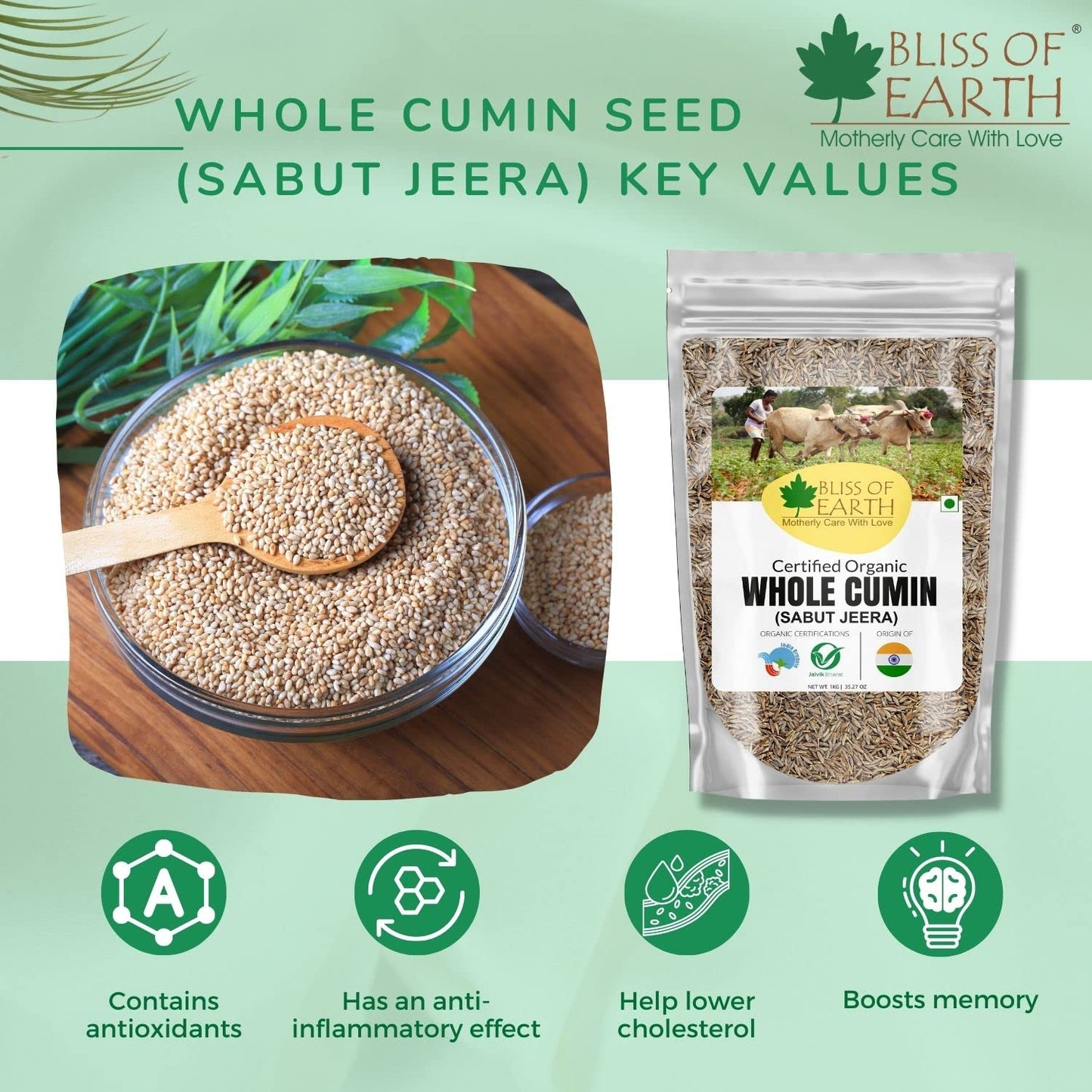 Bliss of Earth 1kg Organic Cumin Seed Jeera Whole Spice, Sabut Jeera best for cooking