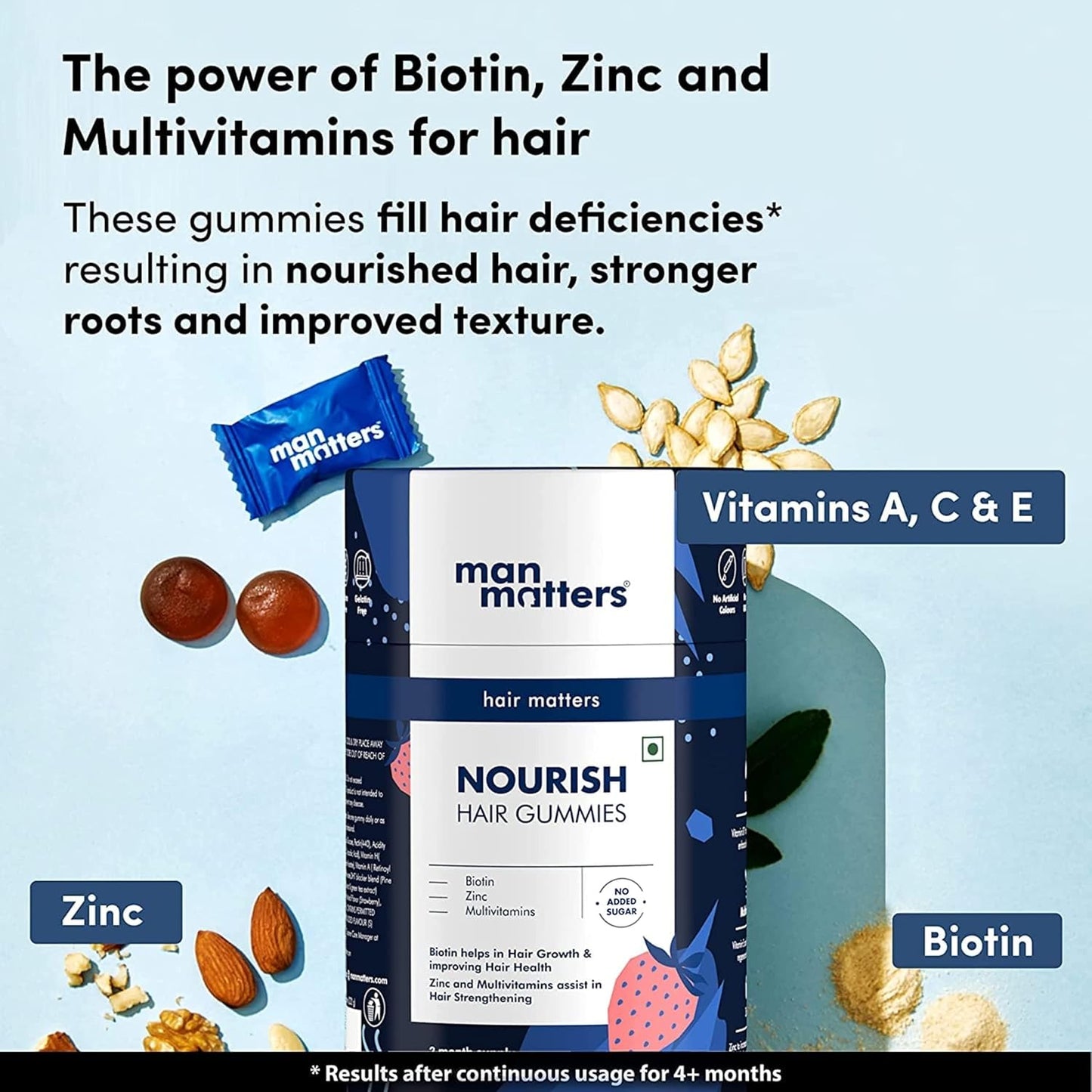 Man Matters Biotin Hair Gummies (60N) | No Added Sugar | With Biotin, DHT Blockers, Vitamin A, C, E, Fibre & Zinc | For Stronger and Healthier Hair | 100% Veg & Gut Friendly